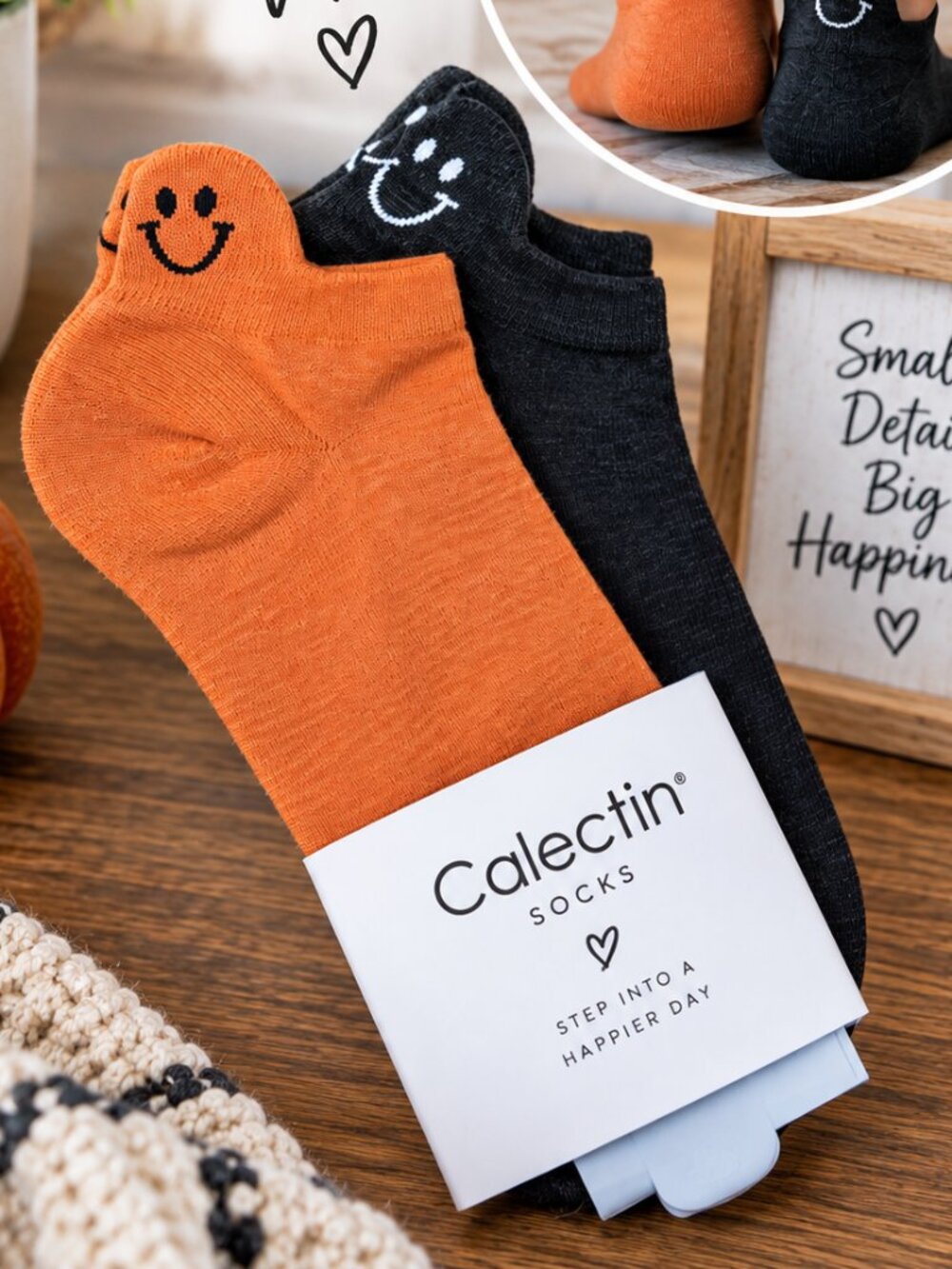 Calectin Smiley Face Ankle Socks 2-Pack NWT Black Orange Cute Casual Comfortable